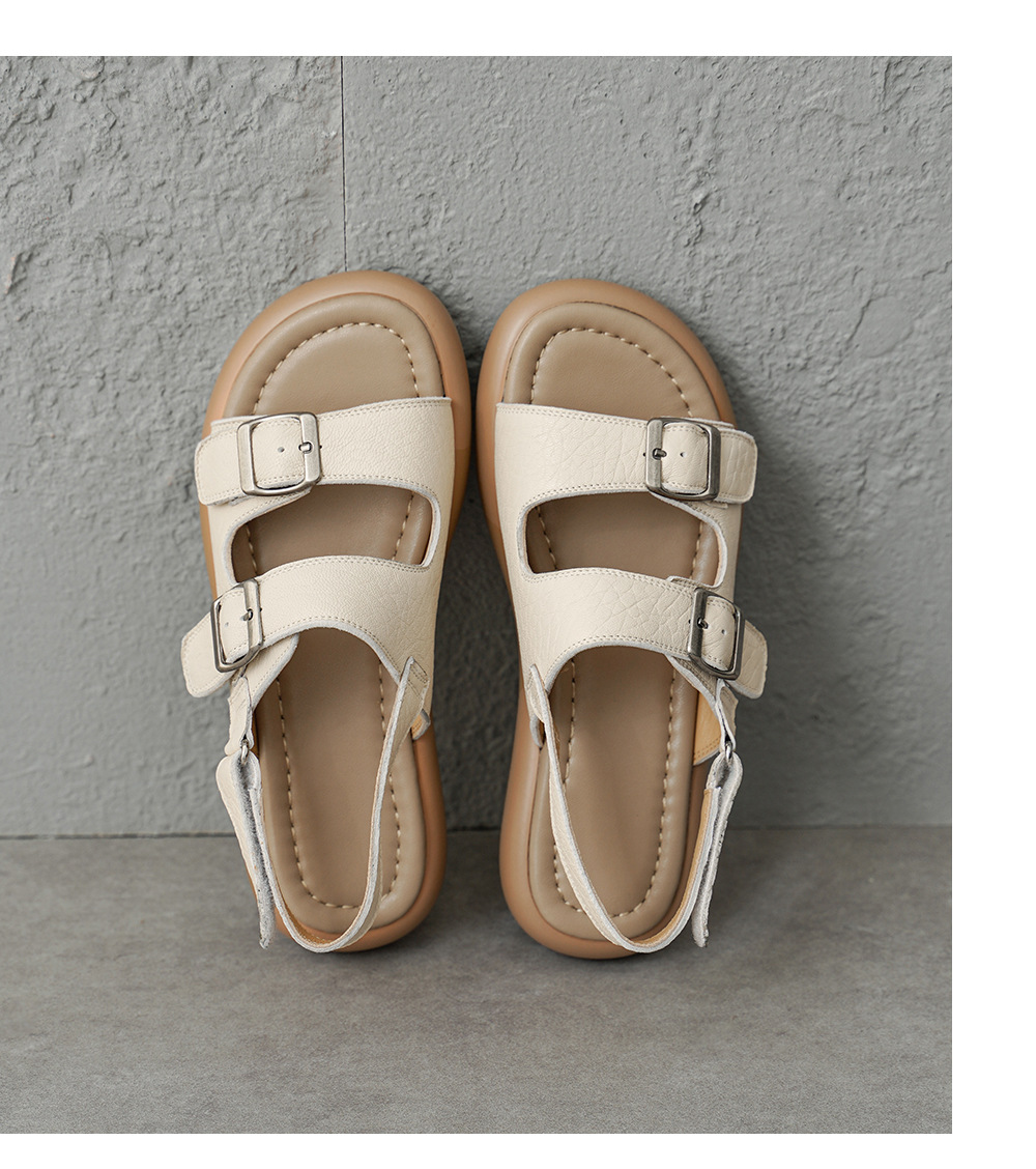 Sandal nữ quai ngang đế bệt da cừu lộ ngón chân phong cách đơn giản — đen chi tiết 15