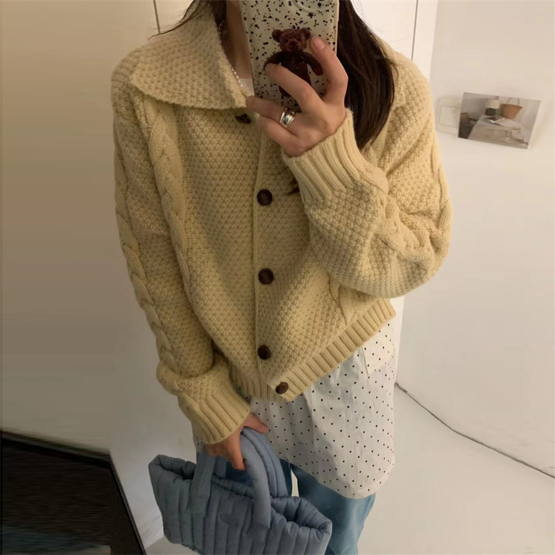 学院风翻领软糯麻花毛衣女外套春季新款宽松小个子短款针织开衫女|undefined