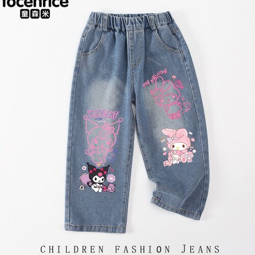 Kurumi Melody Children's Denim Jeans with Apple Dog Design for Girls, Spring and Autumn Straight Leg Pants, Casual and Trendy