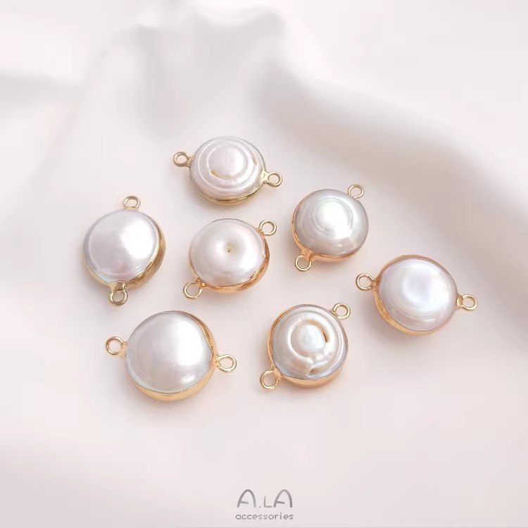 天然バロック異形真珠双穴ペンダントシングル吊り飾り米珠平円形手作りdiy縁取り部品