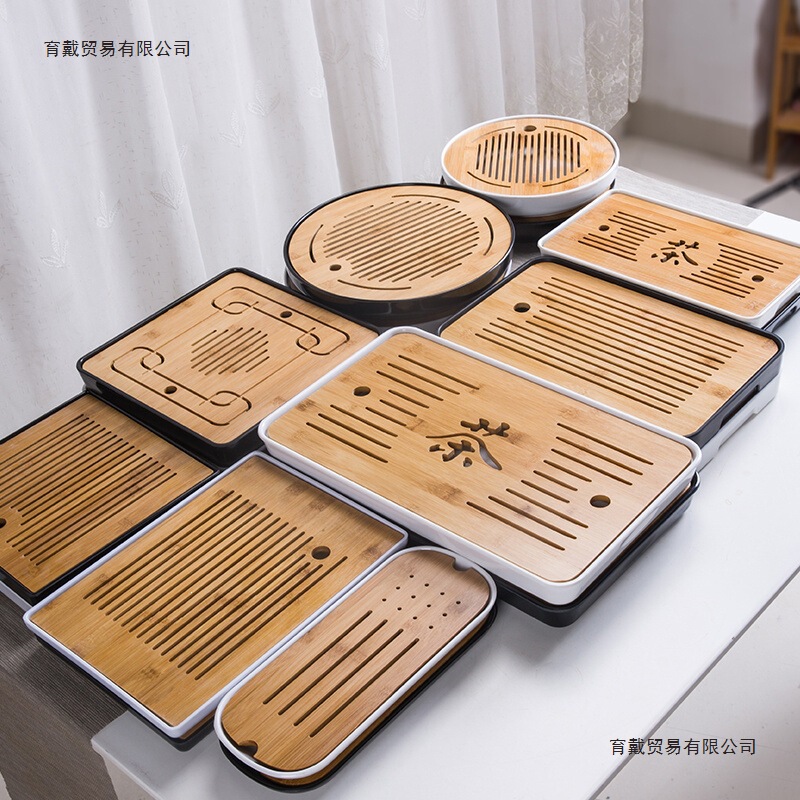 Simple Household Kung Fu Tea Set with Rectangular Water Storage Tray, Japanese-Style Melamine Bamboo Small Tea Table with Drainage Tray
