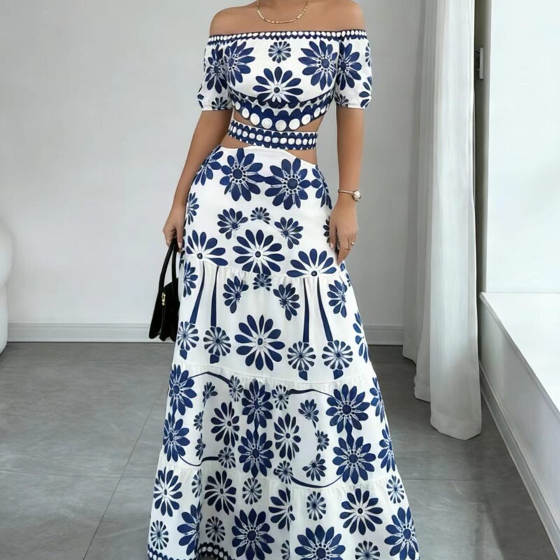 2026 Summer New Backless Daisy Print Cross-Border Off-Shoulder Waist-Revealing Tie-Waist European and American Style Vacation Dress 2026 Summer New Backless Daisy Print Cross-Border Off-Shoulder Waist-Revealing Tie-Waist European and American Style Vacation Dress