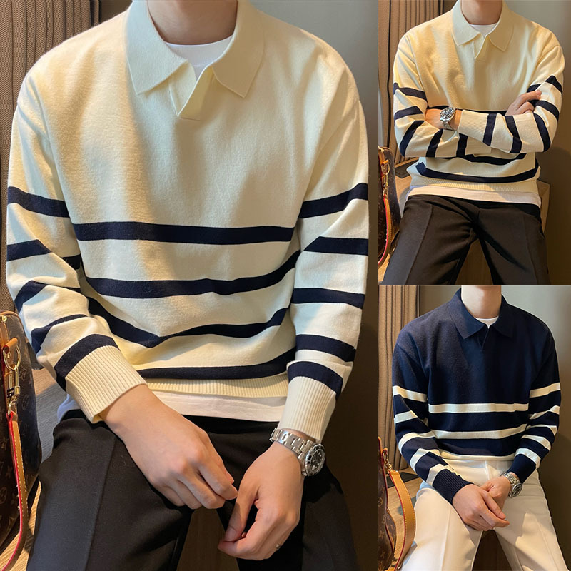 Polo Shirt Seagull Collar Knitwear Men's V Neck Lapel Stripesd Old Money Style High-End Cross-Border Factory Wholesale Polo Shirt Seagull Collar Knitwear Men's V Neck Lapel Stripesd Old Money Style High-End Cross-Border Factory Wholesale