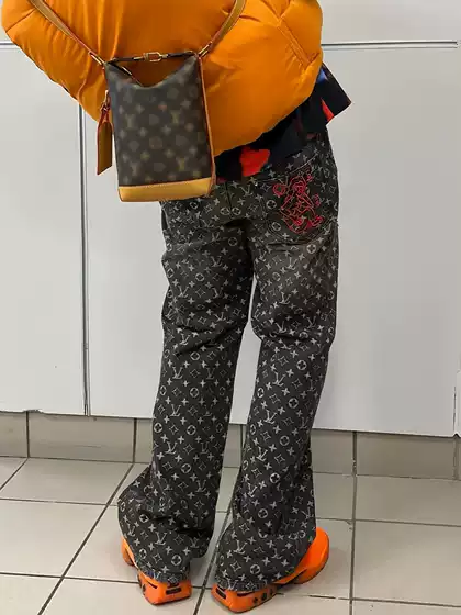 Cross border Donkey Home 25 New Little Red Man Cowboy Pants L Price Full Print Jacquard 1V Old Flower Water Wash Versatile for Men and Women