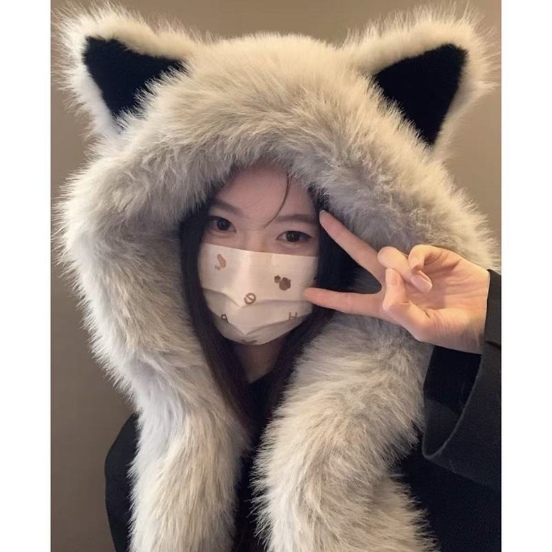 加厚防寒毛绒狐狸耳朵帽女冬季围巾一体新款保暖百搭显脸小雷锋帽|undefined