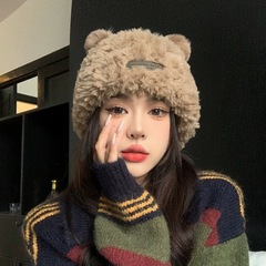 冬季毛绒帽子女韩版时尚可爱小熊大头围加厚保暖护耳仿皮草针织帽