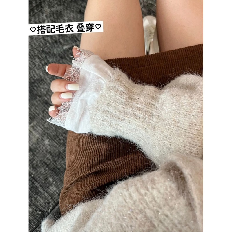 初秋白色v领蕾丝拼接长袖t恤女薄款内搭打底衫宽松慵懒松弛感上衣|undefined