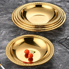 不鏽鋼淺盆三盛肥蛤盆海鮮金色花邊盤子小龍蝦專用平底乾鍋肉蟹煲