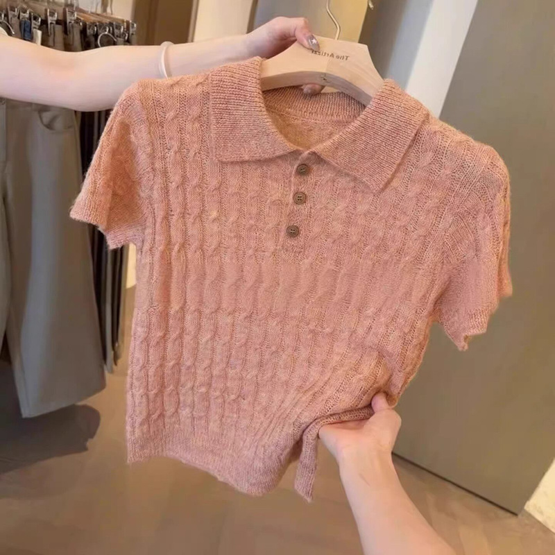 Korean-Style Grapefruit Pink Polo Collar Cable Knit Short-Sleeve T-Shirt for Women, Summer High-End Elegant Turn-Down Collar Sleeveless Top Korean-Style Grapefruit Pink Polo Collar Cable Knit Short-Sleeve T-Shirt for Women, Summer High-End Elegant Turn-Down Collar Sleeveless Top