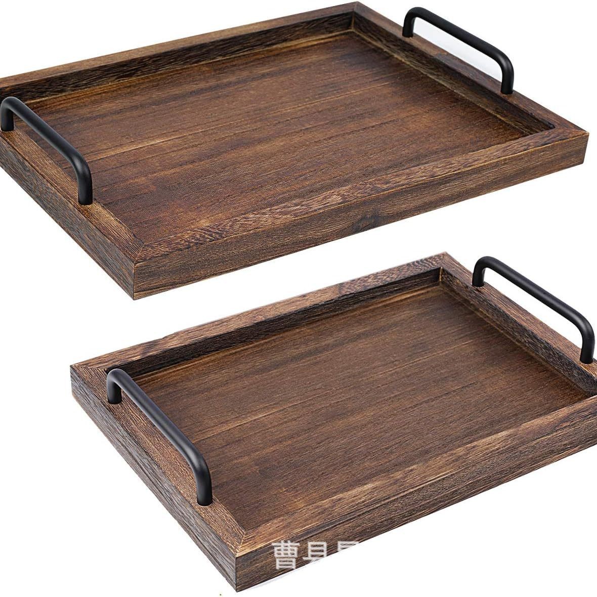 Bandeja de madera con detalles metálicos, bandeja para café en la sala de estar, bandeja de almacenamiento, pieza decorativa, rectangular, para uso en hoteles, restaurantes y hogares, estilo vintage.