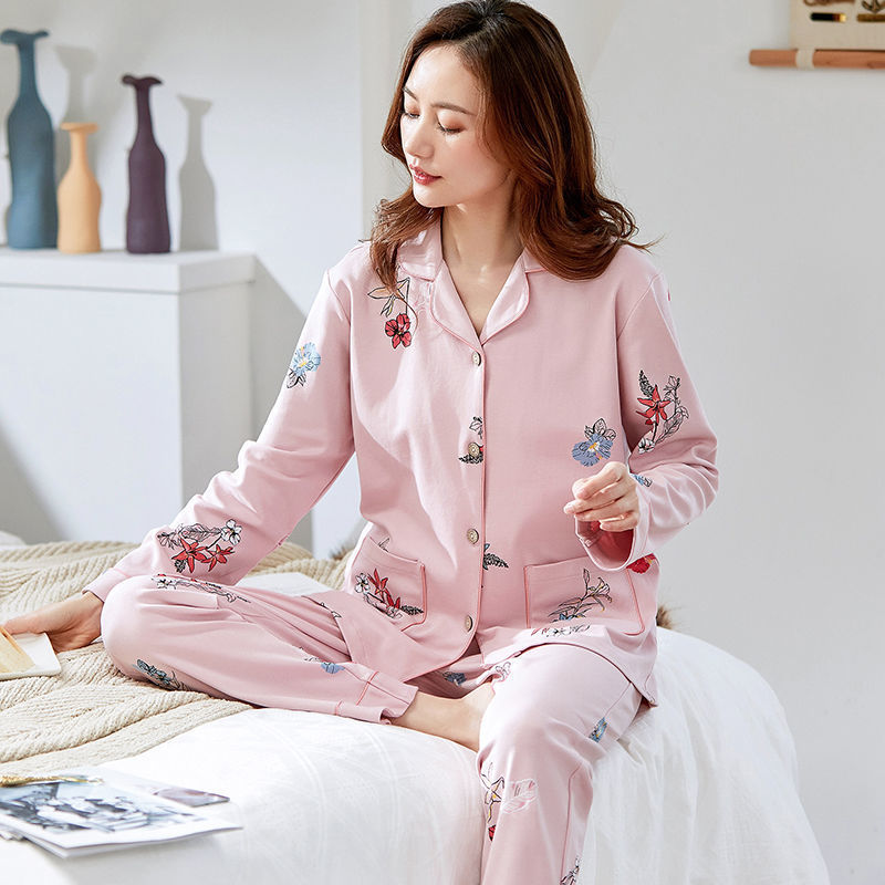 Nuevo 100% Pijama de algodón de las mujeres cardigan de manga larga de mediana edad más el tamaño de primavera y otoño día de desgaste en el hogar traje Delgado