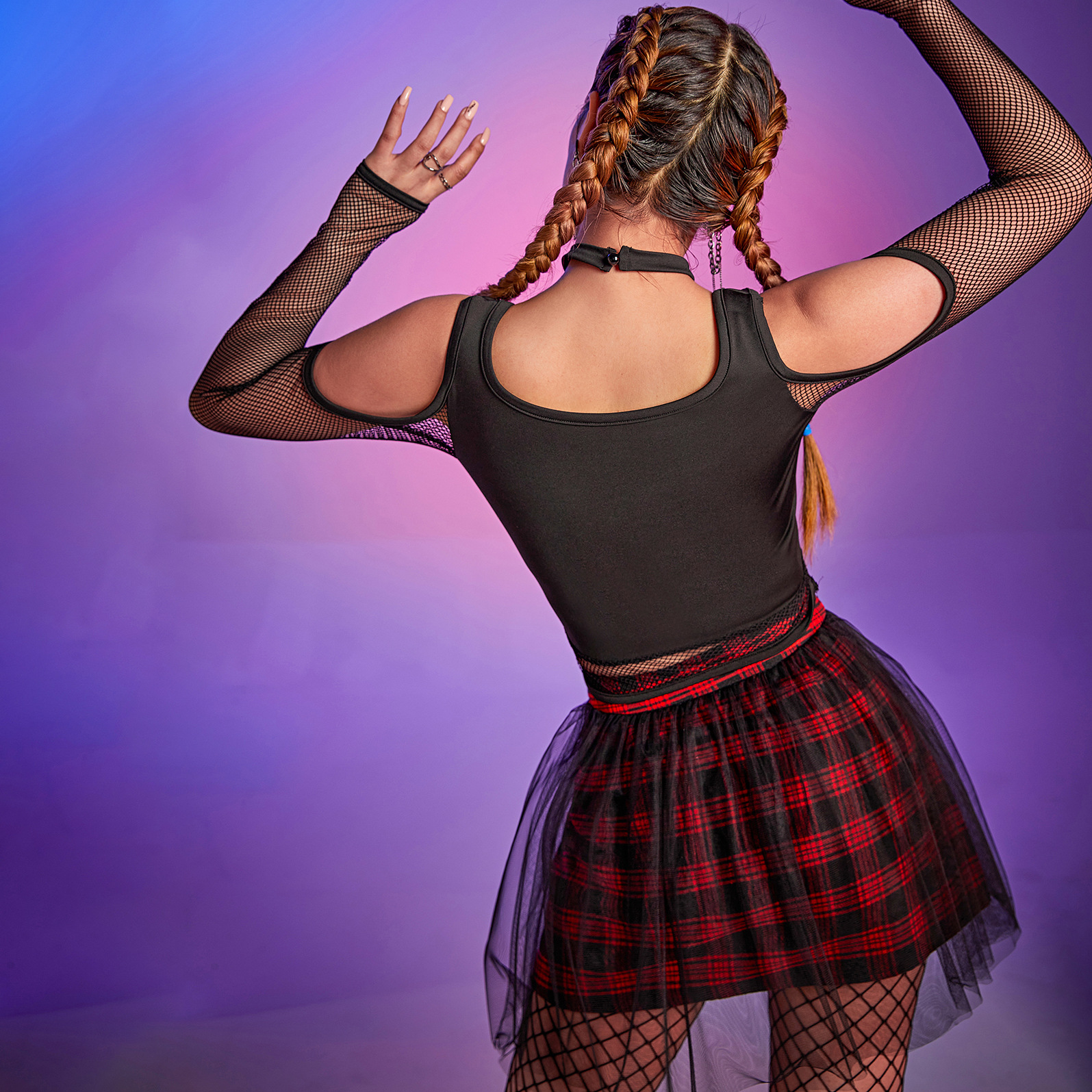 Gothic Cold Shoulder Mesh Sleeve Crop Top