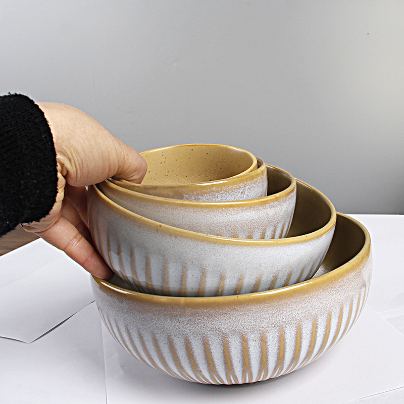 Nueva porcelana de hueso de cerámica de estilo japonés [tazón de fuente de fideos de una persona tazón de sopa tazón de ensalada] Tazón grande retro de cuatro familias Tazón