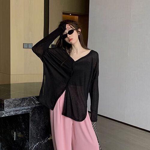 Soft and chewy ice silk long-sleeved open front sun shirt, thin version, spring and summer, loose and comfortable, slightly transparent, outerwear, air-conditioning shirt