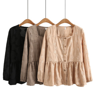 Doll shirt long sleeve plus size women's clothing 200kg jacquard embroidered shirt 2023 autumn square collar shirt chubby girl top 8440