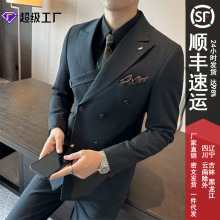 咖色双排扣西装男套装英伦修身男士大码西服三件套结婚新郎礼服潮