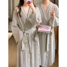 跨境专供外贸女秋冬新款睡袍女加厚浴袍长款简约条纹家居服睡袍