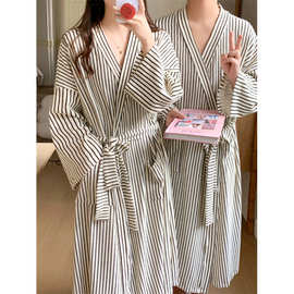 跨境专供外贸女秋冬新款睡袍女加厚浴袍长款简约条纹家居服睡袍