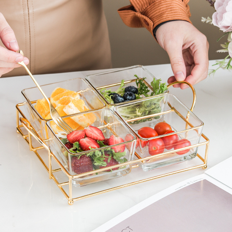 Square glass plate with gold edge ironwork divided tray dry fruit plate cake snack plate fruit plate European light luxury