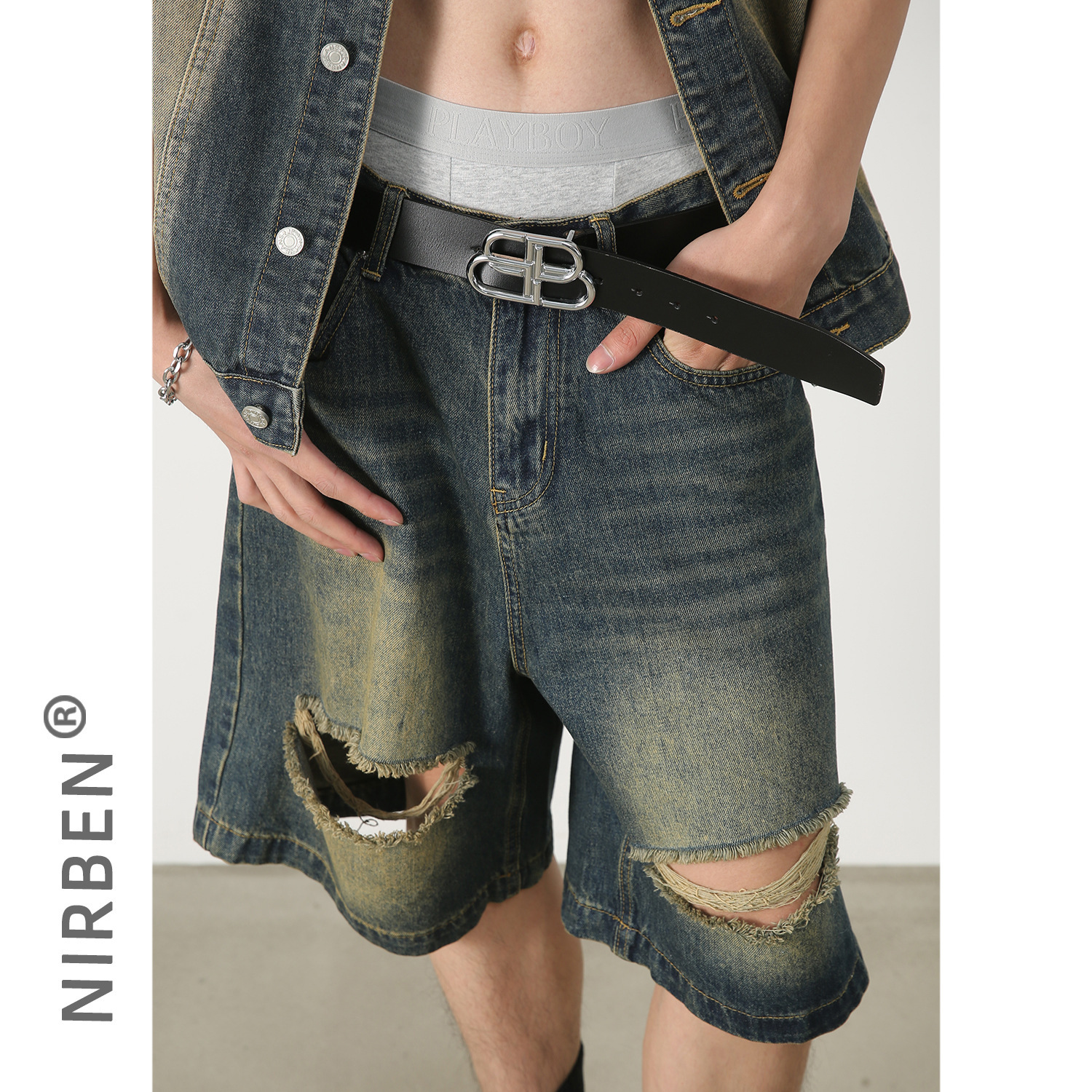 Nirben denim | traje de pantalones cortos de chaleco de mezclilla traje masculino de moda nicho suelto coreano casual sin mangas de dos piezas
