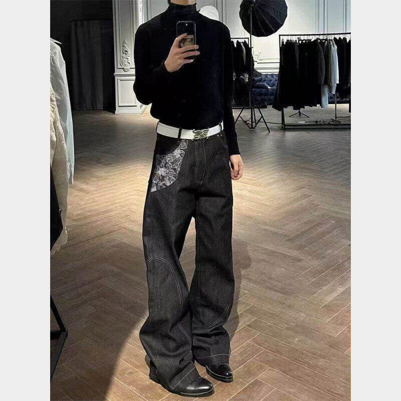 Snake Print Narrow Selvedge Jacquard Jeans Men's Summer Cleanfit Pants Trendy Brand Patchwork Flared Pants Snake Print Narrow Selvedge Jacquard Jeans Men's Summer Cleanfit Pants Trendy Brand Patchwork Flared Pants