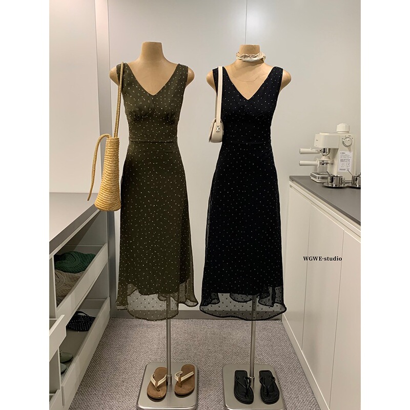 WGWE9461 Polka Dot Lace Trim Short Camisole Dress Slim Fit A-line Long Dress