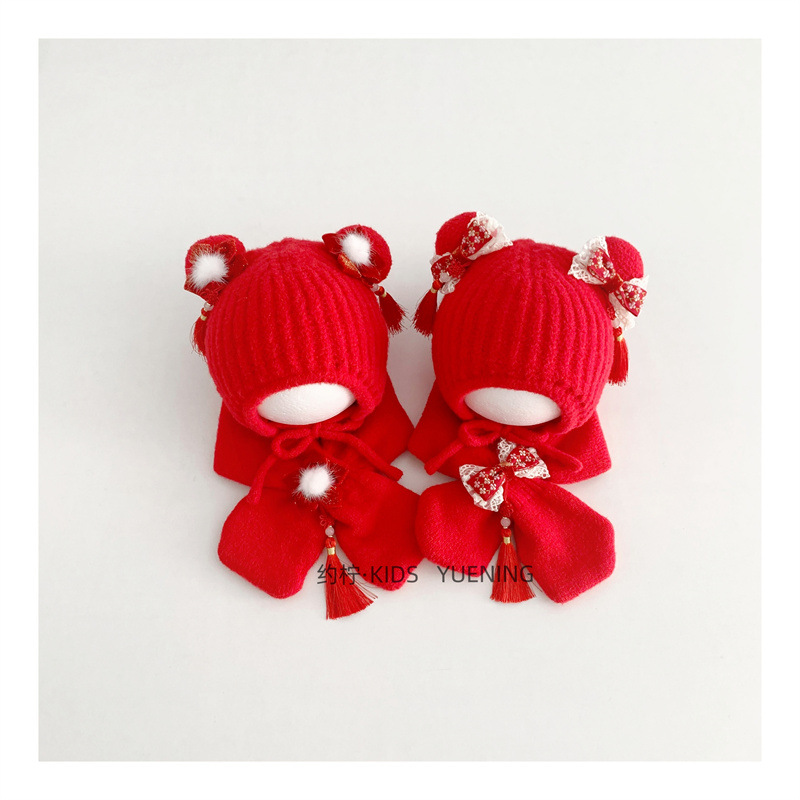 여자아이를 위한 중국 스타일  새해 모자 달콤한 리본 이어머프 니트 모자 빨간색 축제 모자 스카프 세트