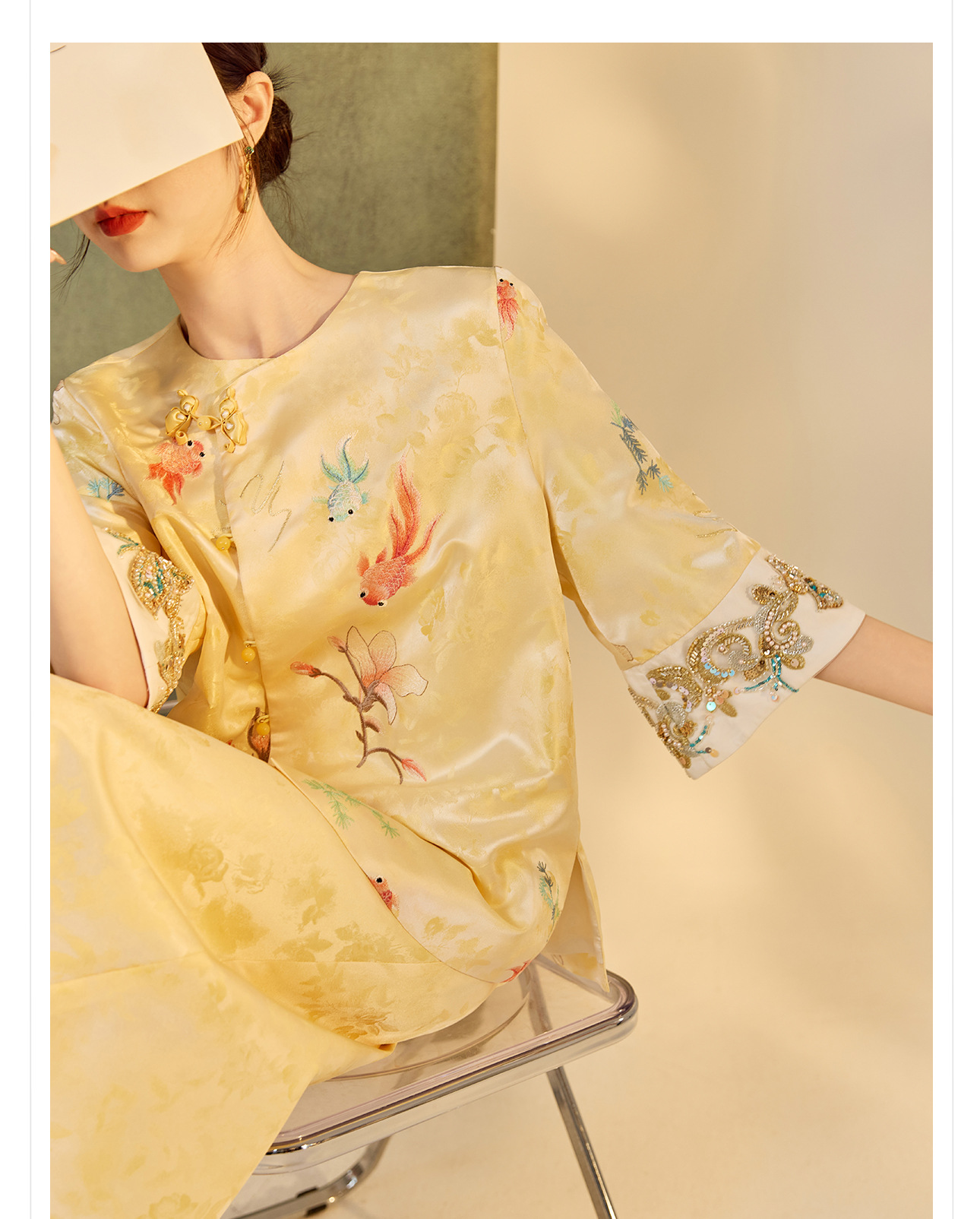 Bộ áo váy satin thêu jacquard cổ tròn phong cách Trung Hoa N6026 — áo, váy chi tiết 5
