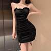 Nightclub sexy one neck low cut open back pleated buttock skirt with drawstring bottom skirt with suspender dress