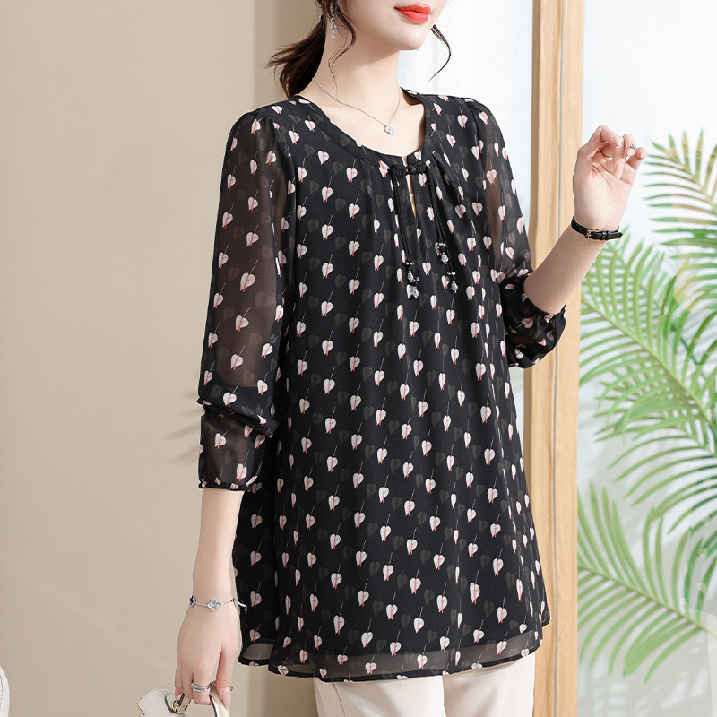 Early autumn loose fitting slimming and covering flesh with a quarter sleeved chubby MM chiffon printed shirt top, mother's middle-aged women's clothing