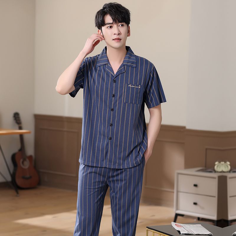 Pijamas de verano de algodón, pantalones largos de manga corta delgados y sueltos más grandes para padres de mediana edad, set de ropa de casa