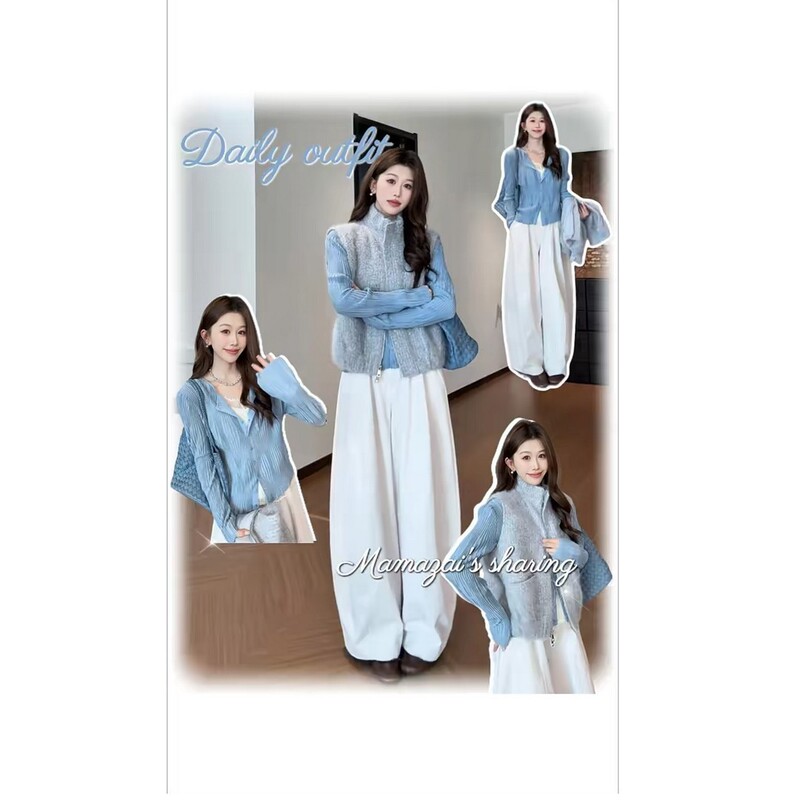 Autumn new Korean-style gentle and atmospheric pleated textured base shirt, gray vest, and casual pants – a three-piece set Autumn new Korean-style gentle and atmospheric pleated textured base shirt, gray vest, and casual pants – a three-piece set