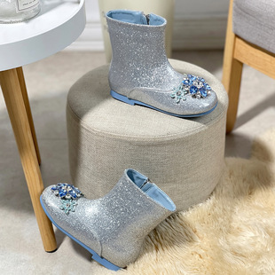 Children's boots 2024 autumn and winter new girls rhinestone Princess Aisha boots big children's fleece-lined warm shoes short boots
