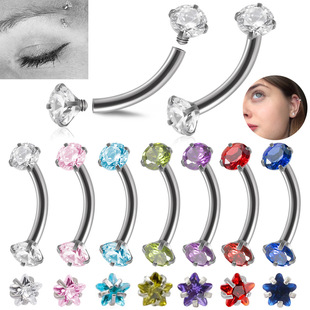 Cross-Border Stainless Steel Inner Tooth Zircon Eyebrow Nails Double-Headed Five-Star/Round Zircon Curved Rod Eyebrow Ring Multi-Color Ear Cartilage Nails