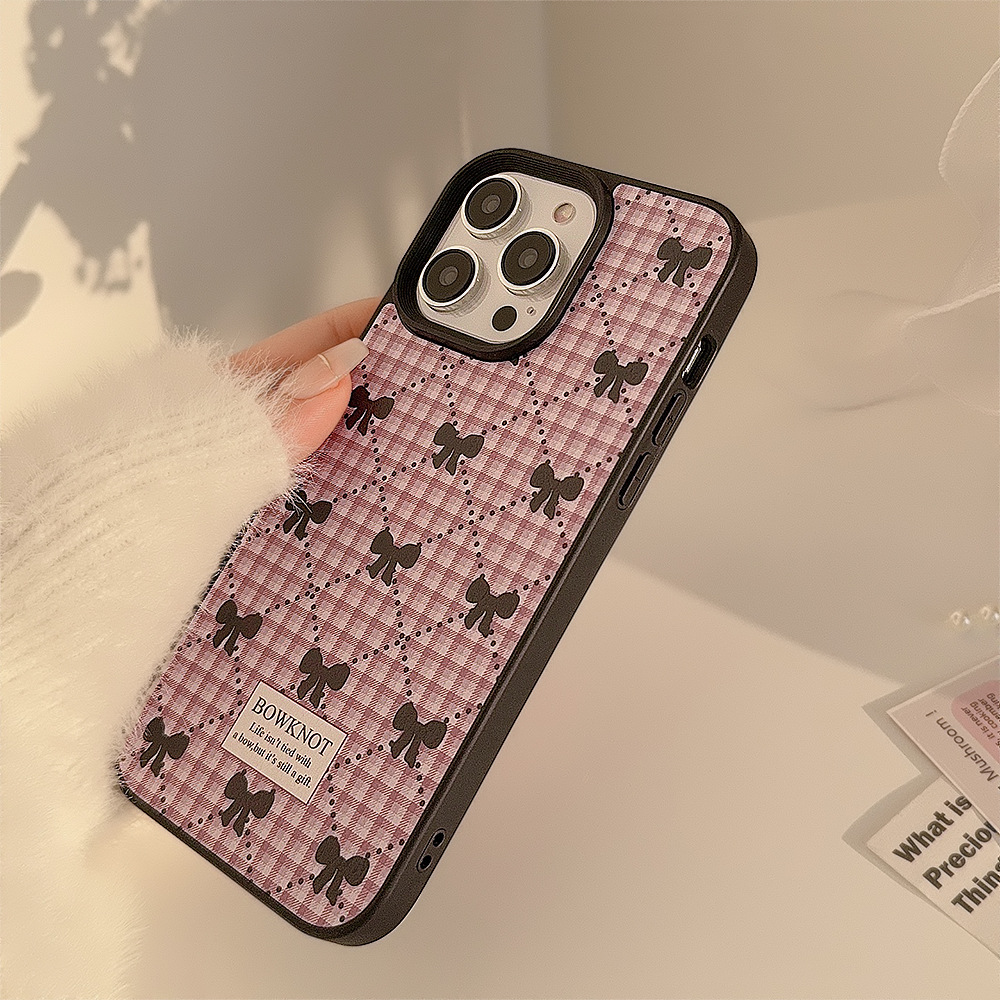 Funda para teléfono con diseño de cuadros y lazo estilo coreano para iPhone 16, 17 Pro Max, estilo dulce para iPhone 11, adecuada para iPhone 15, de cuero para iPhone 13, para invierno.