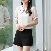 2025夏季新款雪纺衫女短袖遮肚垂感娃娃领小香风洋气潮流淑女上衣