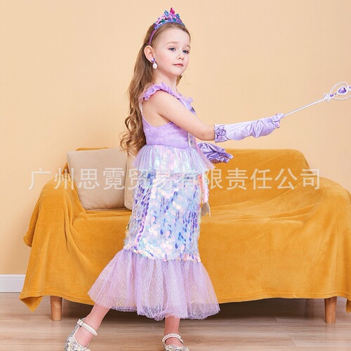 New Children's Mermaid Ariel Princess Dress, Glitter Fish Tail Dress