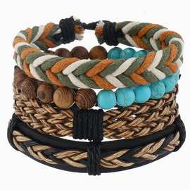 跨境波西米亚多层手串绿松石手工编织多件套皮手镯4件串珠手链