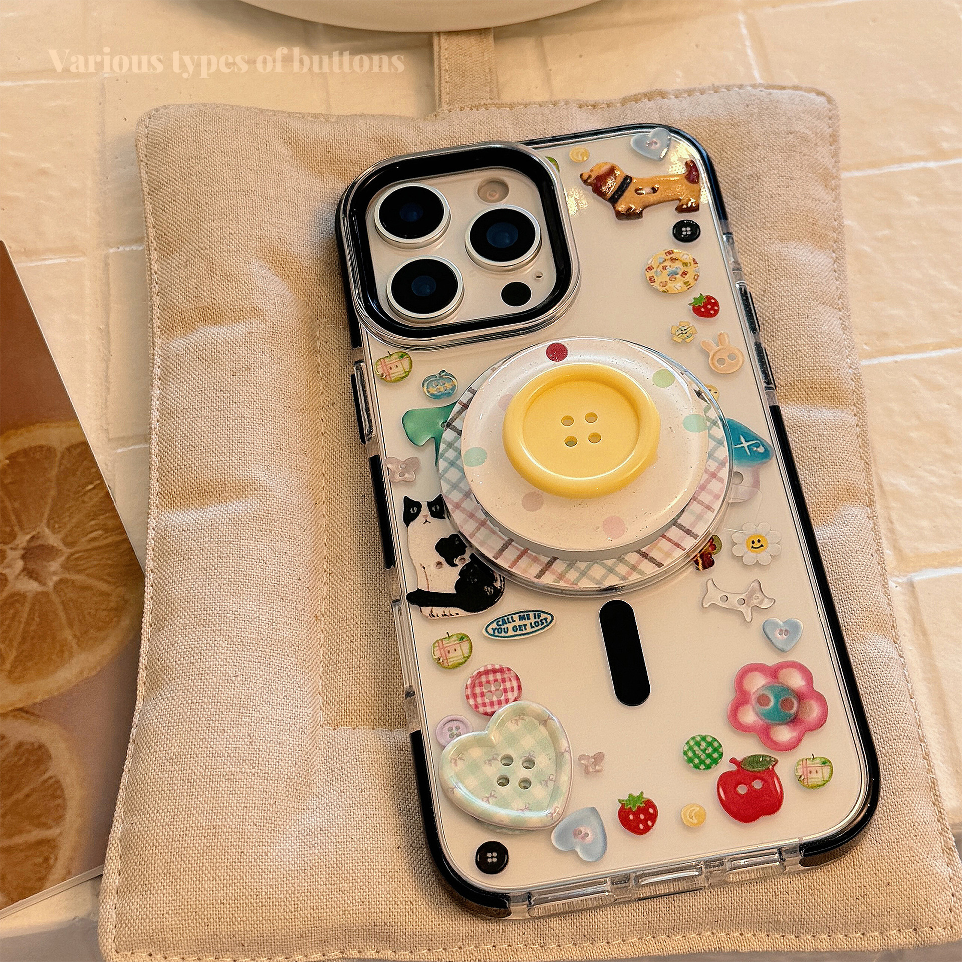 立体纽扣16Promax闪粉磁吸支架iPhone15手机壳14适用13卡通涂鸦11