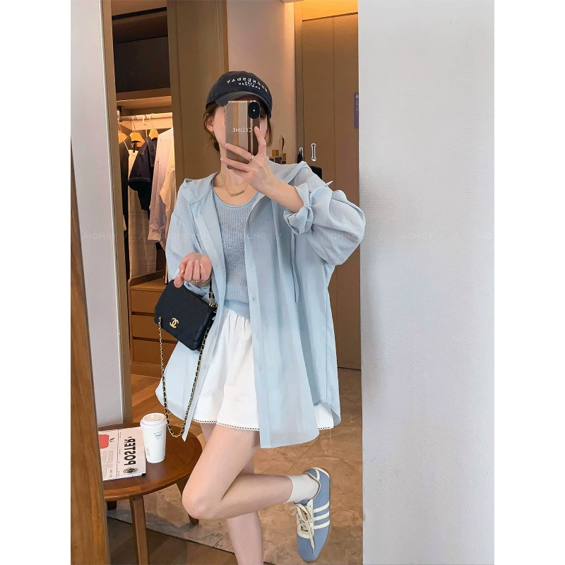 Love Devil Fish Синяя тонкая рубашка с длинными рукавами и капюшоном, женские топы, новый свободный топ на лето 2025 года