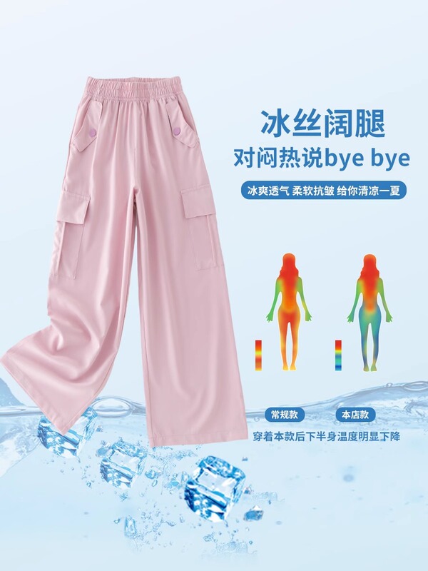 夏季女童阔腿裤儿童裤子冰丝工装裤2025新款防蚊裤女大童夏装长裤|undefined