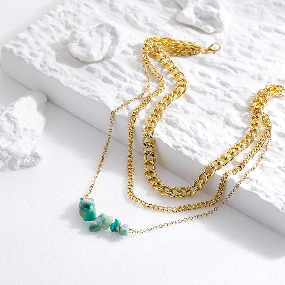 Fashion Geometric Metal Layered Natural Stone Necklace