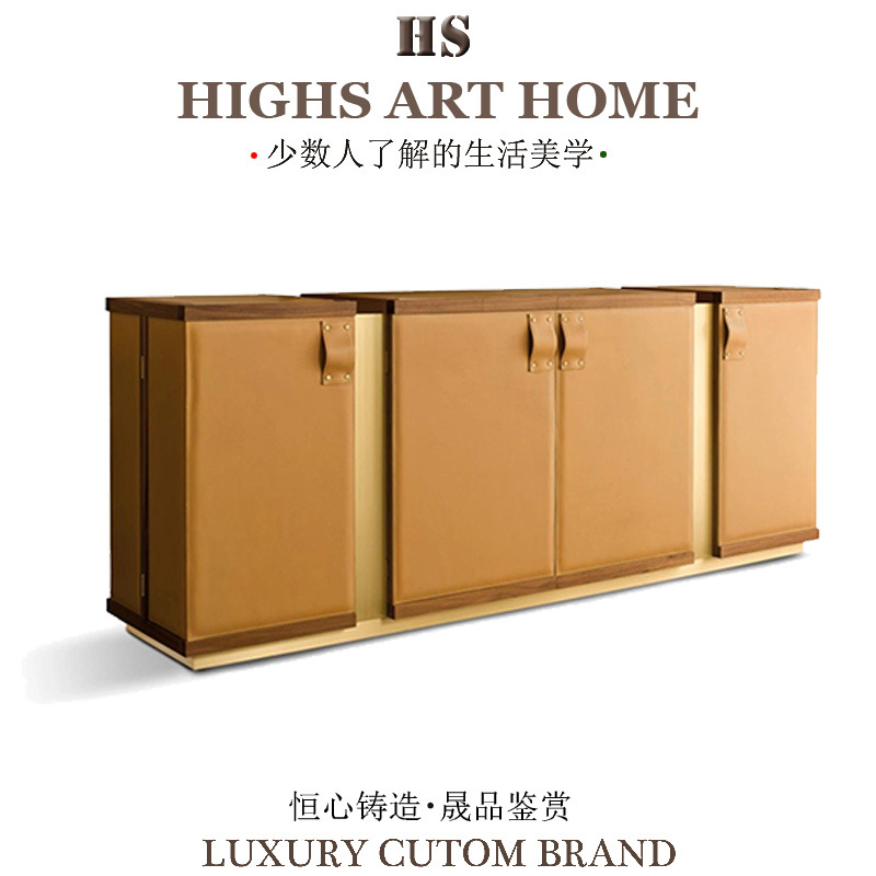 Italian Solid Wood Four-Door Hermes Orange Sideboard Wall Integrated Modern Household Living Room Saddle Leather Storage Cabinet