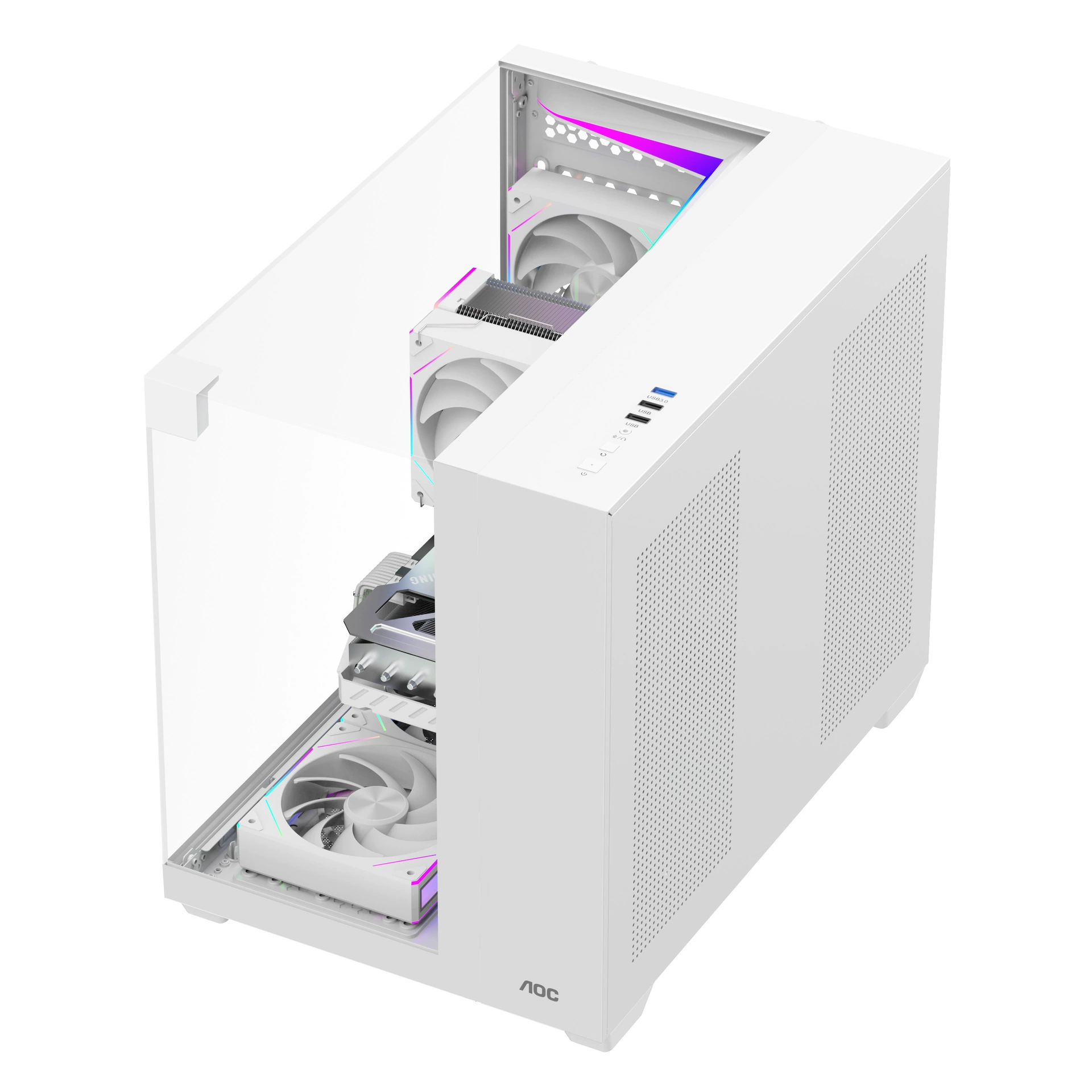 Игровой компьютер AOC CG399, помещение с видом на море, корпус панорамный, трехстороннее стекло, поддержка материнской платы M-ATX, водяное охлаждение 240