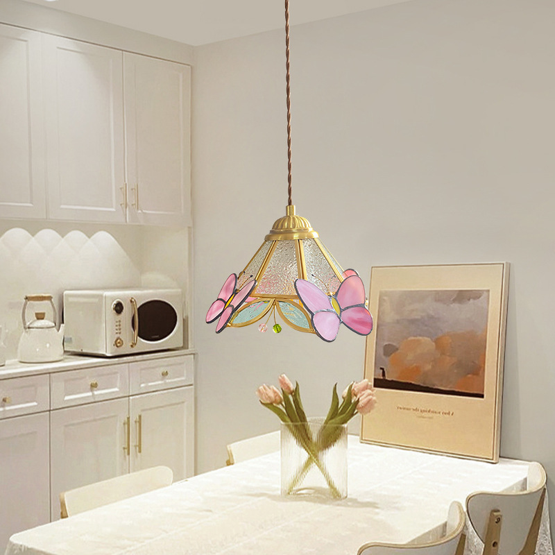 Retro latón hecho a mano vidrieras pequeña araña restaurante japonés caliente noche lámpara francesa Rosa lámpara de mariposa