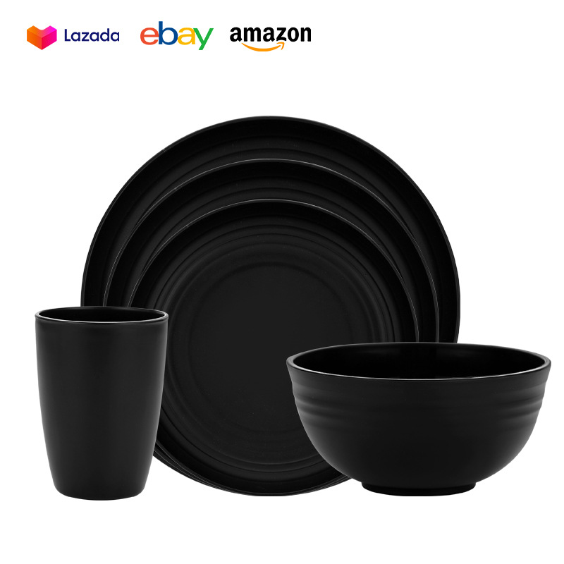 Amazon Wheat Straw Plate Bowl Cup Set Black Dinner Plate Tray Cup Gift Set Can Add LOGO