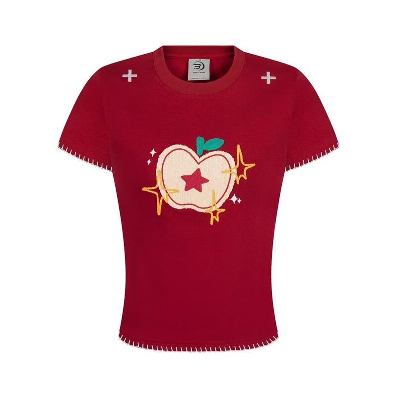 2025 New Hot Girl Right Shoulder Embroidered Apple Short-Sleeved T-Shirt Women's Bm Style Sweet Cool Red Versatile Short-Sleeved Top
