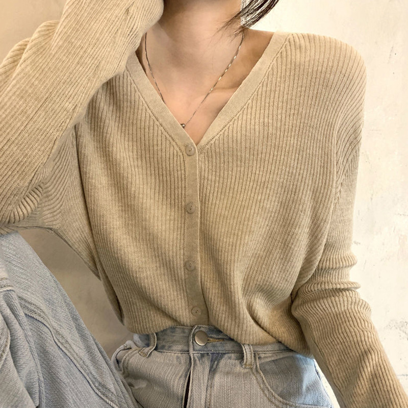 针织衫女v领开衫2025新款黑色薄款打底上衣春秋灰色内搭毛衣外套|undefined