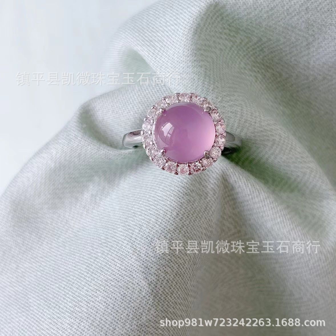 批发新款镀银镶嵌高冰紫罗兰粉玉髓蛋面戒指女款奢华时尚精美指环
