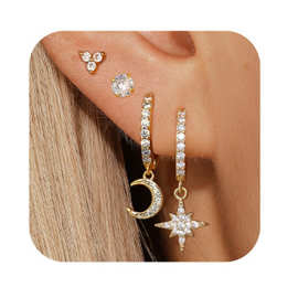 亚马逊女式金色耳环套装 环状耳环女士耳环堆叠 低致敏性方晶锆石
